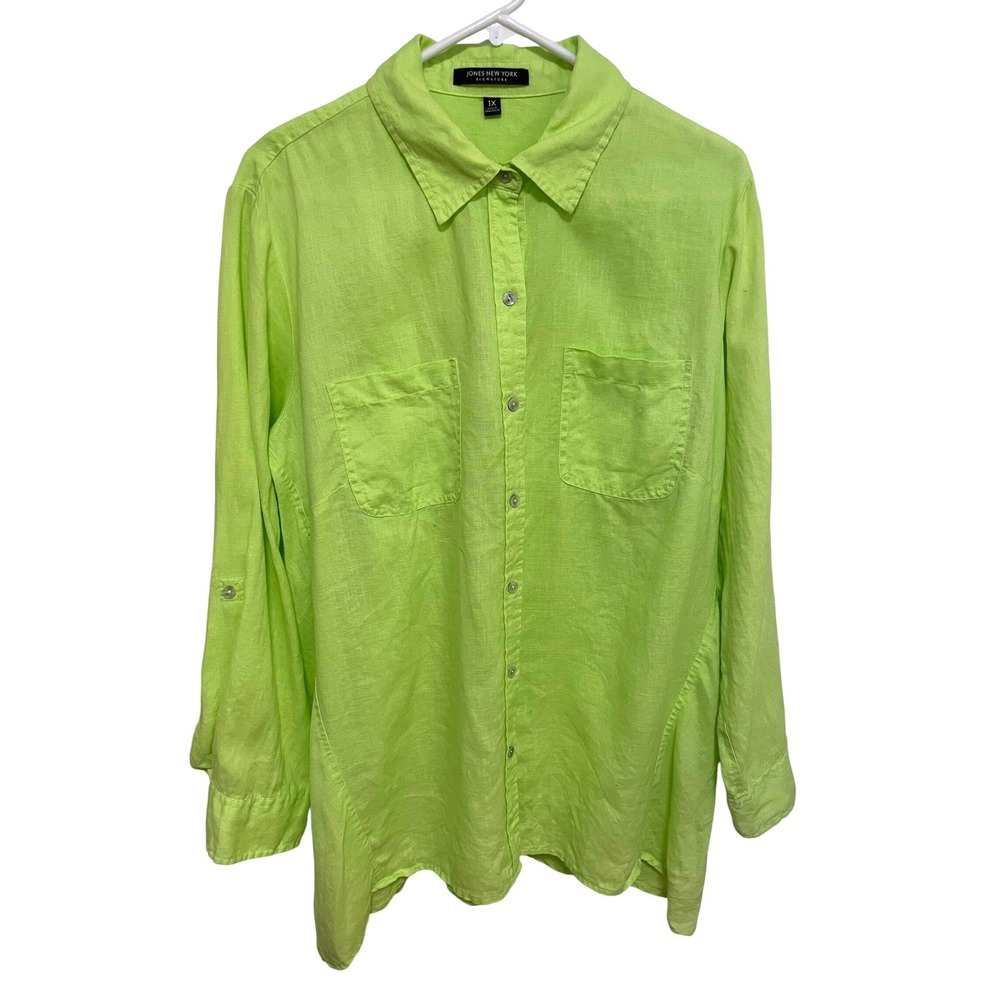 Jones New York Signature Linen Shirt 1X Lime‎ Green  Roll Tab Button Down